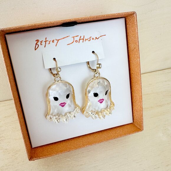 NIB Betsey Johnson Gold Tone & Clear Acrylic Ghost Drop Earrings x2 NEW - Picture 2 of 6